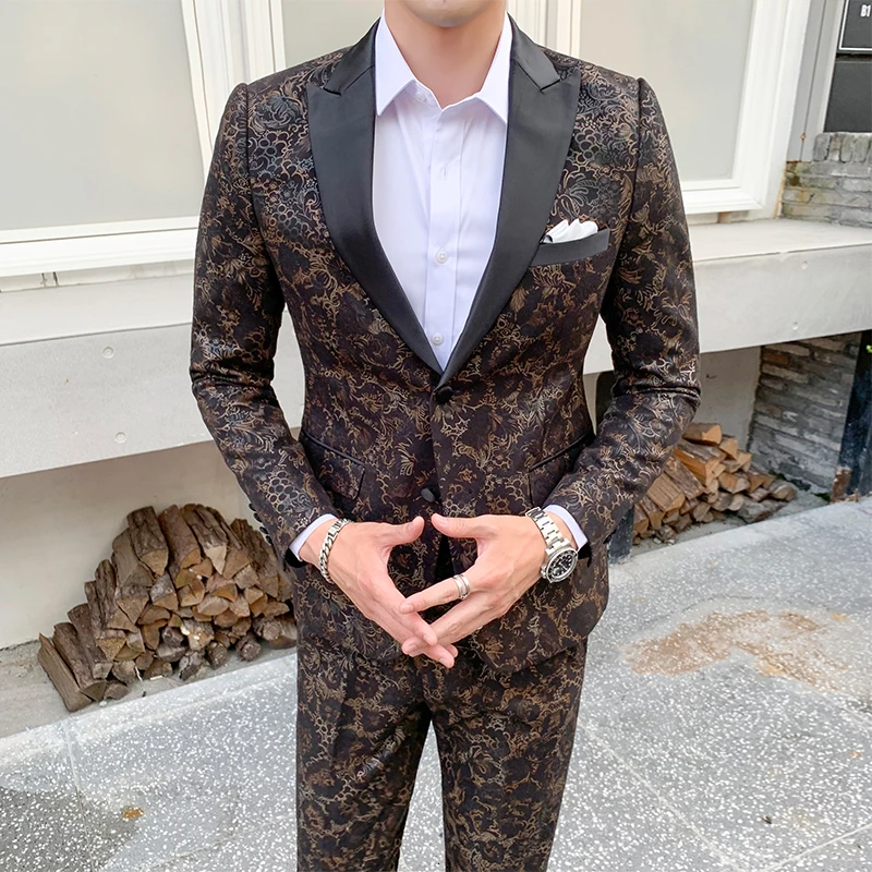 Gold Blazer and pant Traje Hombre Estampado, свадебные костюмы, мужские бордовые костюмы из 3 предметов, Мужская одежда, жаккардовый костюм, тканевый мужской смокинг, вечерние смокинги - Цвет: Gold Blazer and pant