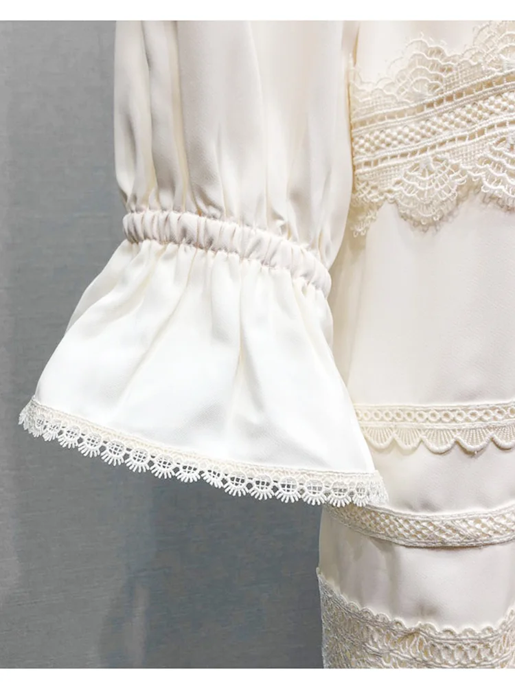 

Heavy craftsmanship applique stitching lace V-neck tie waist waist retro loose dress ladies autumn new style big hem Puff skirt