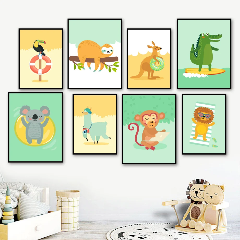 

Toucan Sloth Kangaroo Lion Monkey Alpaca Koala Wall Art Canvas Painting Nordic Posters And Prints Wall Pictures Kids Room Decor