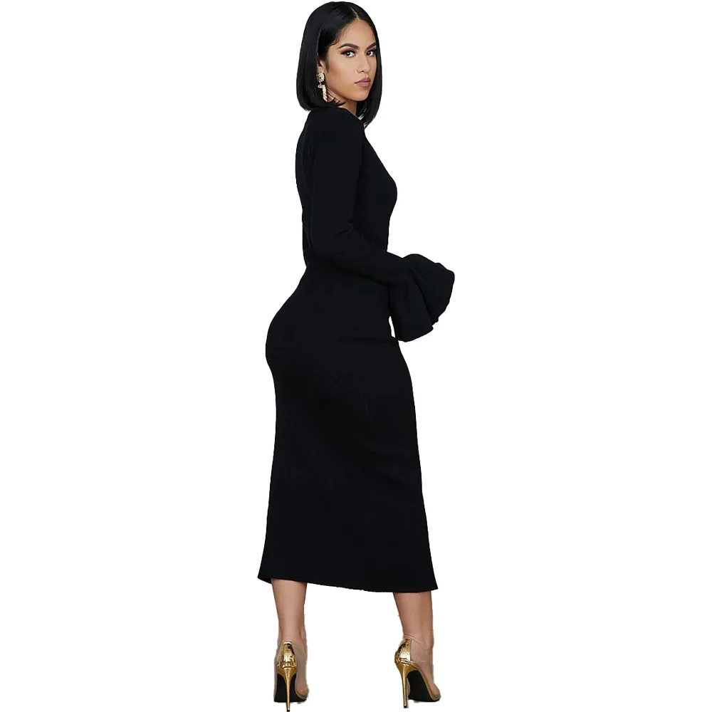 Women Knit Dress Elegant Long Sleeve Warm Sweater Casual O-neck Sexy Hight Slit Office Party Pencil Dresses Fall Clothes | Женская