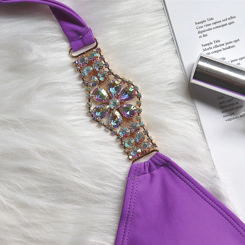 

Sexy Swimwear 2021 Brazilian Swimsuit Luxury Rhinestone Low Waist Bikini Solid Color 2 Piece Swimsuit Padded Push up Bikini Set