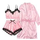 Комплект пижамный женский из 3 предметов, элегантный пикантный кружевной пижамный комплект из искусственного шелка, модная повседневная домашняя одежда для сна