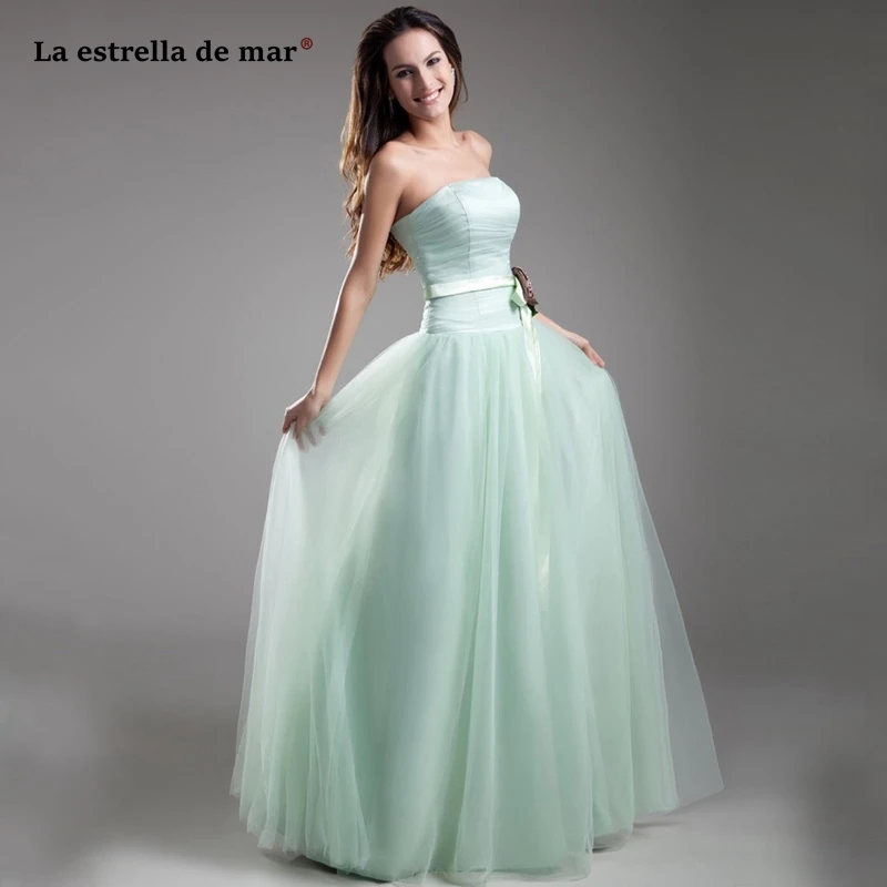 

Vestiti eleganti donna cerimonia sera new tulle flower strapless low waist mint green bridesmaid dress long gaun pesta dewasa