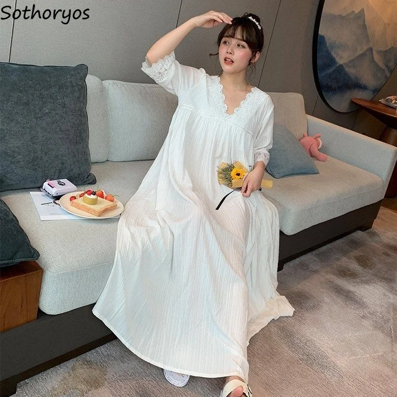 

Nightgowns Women Lace Japanese Trendy Style Loose New Sweet Girls Sleepwear Casual Harajuku Soft Casual White Simple Cute Summer