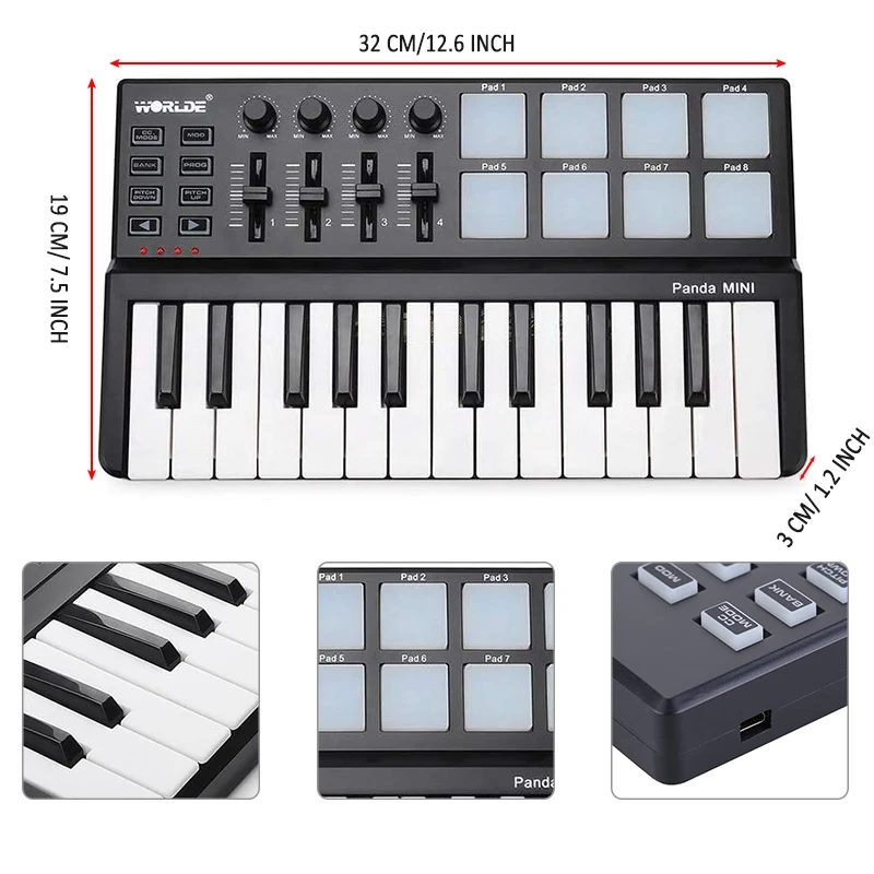 Worlde 25-Key Panda Tuna MIDI Controller Portable USB Keyboard & Drum Pad Music Arranger Keyboard Electronic Sound Controller
