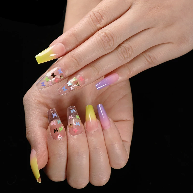 

24pcs French Coffin False Nails Butterfly Pattern Fake Nails Gradient Color Square Nail Decal Press On Nails ABS Nail Art Tips