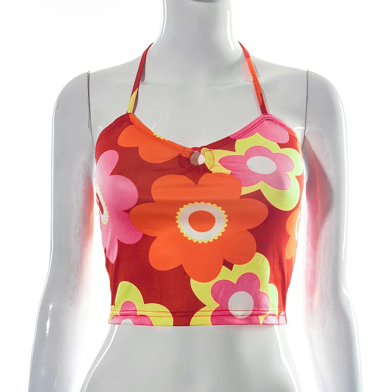 Топ с открытой спиной в стиле Харадзюку цветочным принтом красные лето 2000 |