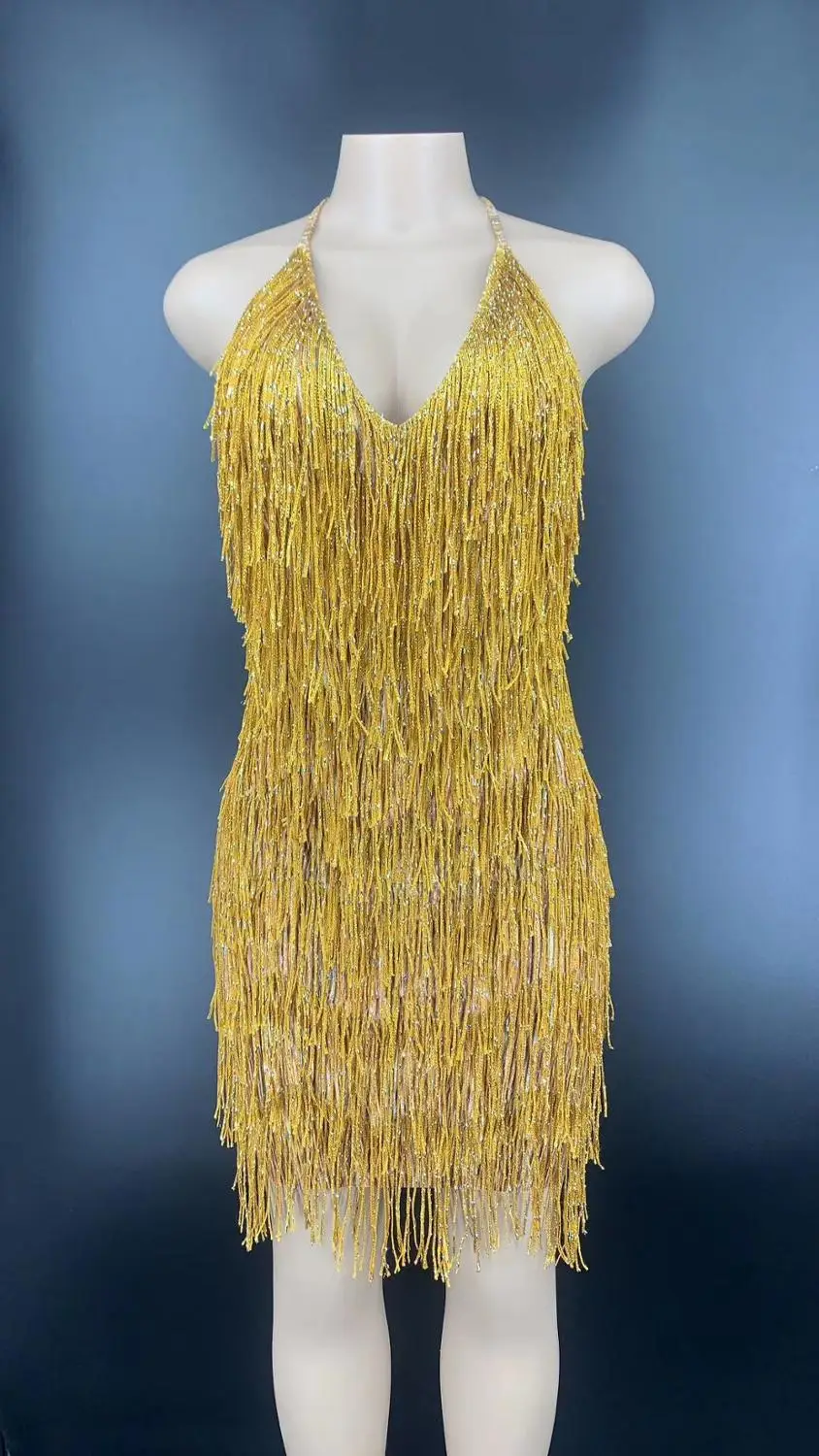 

Fringed Sparkly Sequins Fashion Dance Costume Sexy Singer Dancer Performance Birthday Party Outfit Yellow Women Dress 2020