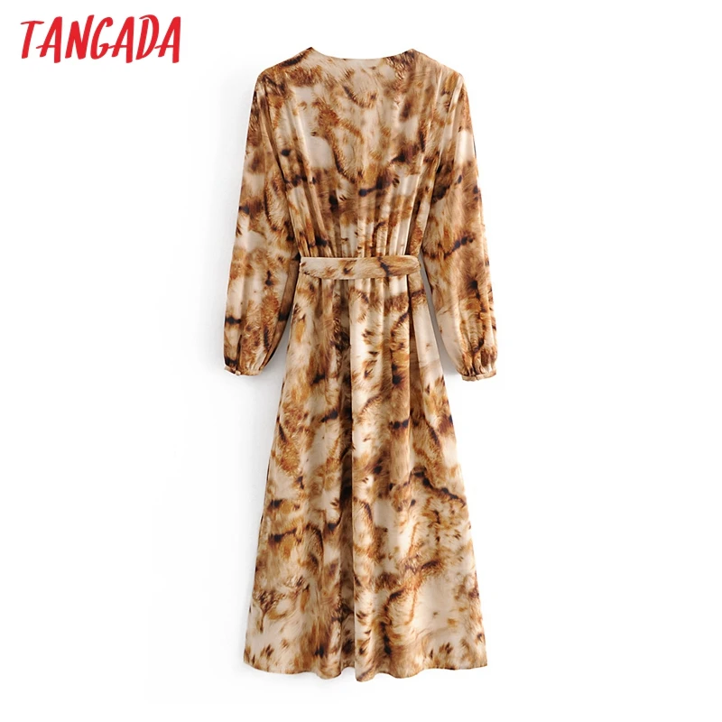 

Tangada Fashion Women Vintage Leopard Print Dress V Neck With Slash Long Sleeve Ladies Midi Dress Vestidos 3A69