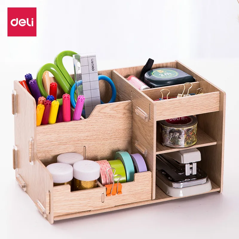 DELI Office Organizer Organizador Escritorio Multi-function Combo Stationery Holder Wooden DIY Desk Organizer School Supplies