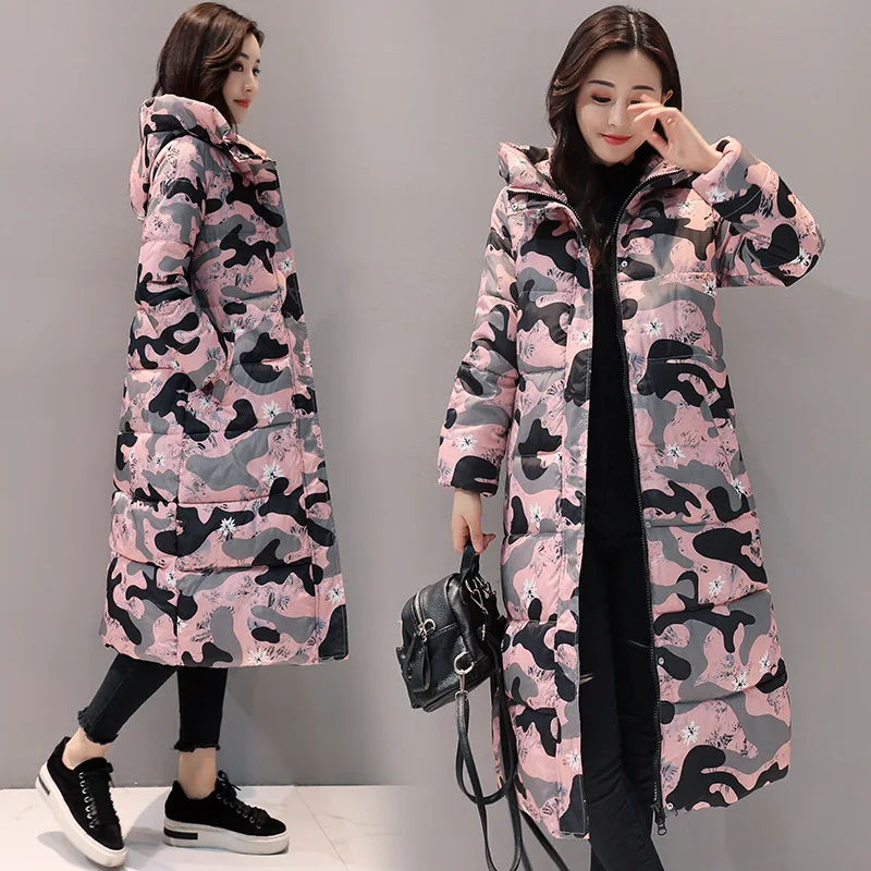 Winter New Women's Fashion Big Down Padded Jacket, Long Over-the-knee Cold-proof Jacket, Fashion Printing Hooded Warm Parka Coat
