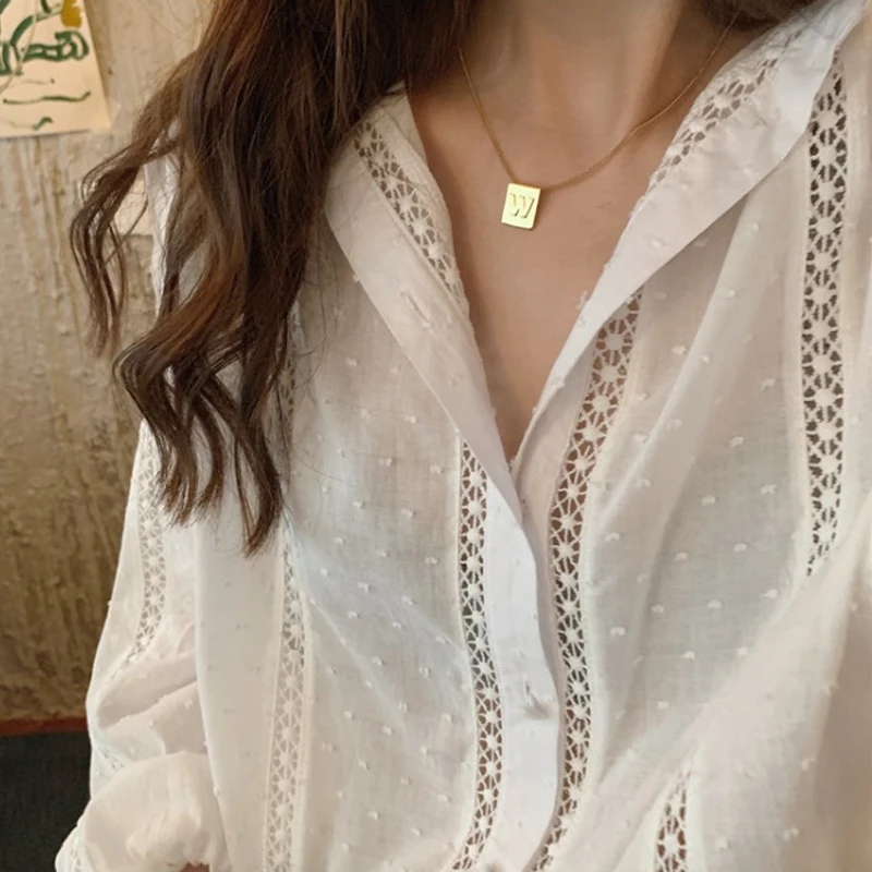 

Hollow Lace Shirt Fashion Loose All-match White Blouse Women Spring Long Sleeve Ladies Casual Buttons Tops Korean Sweet 13127