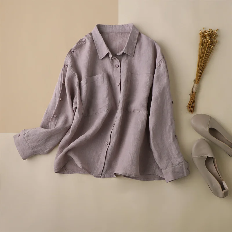 

SHUCHAN Button Up Shirt Turn-down Collar Linen Casual Broadcloth Solid Long Sleeve Shirt Women Blusas De Mujer Largos Sueltos