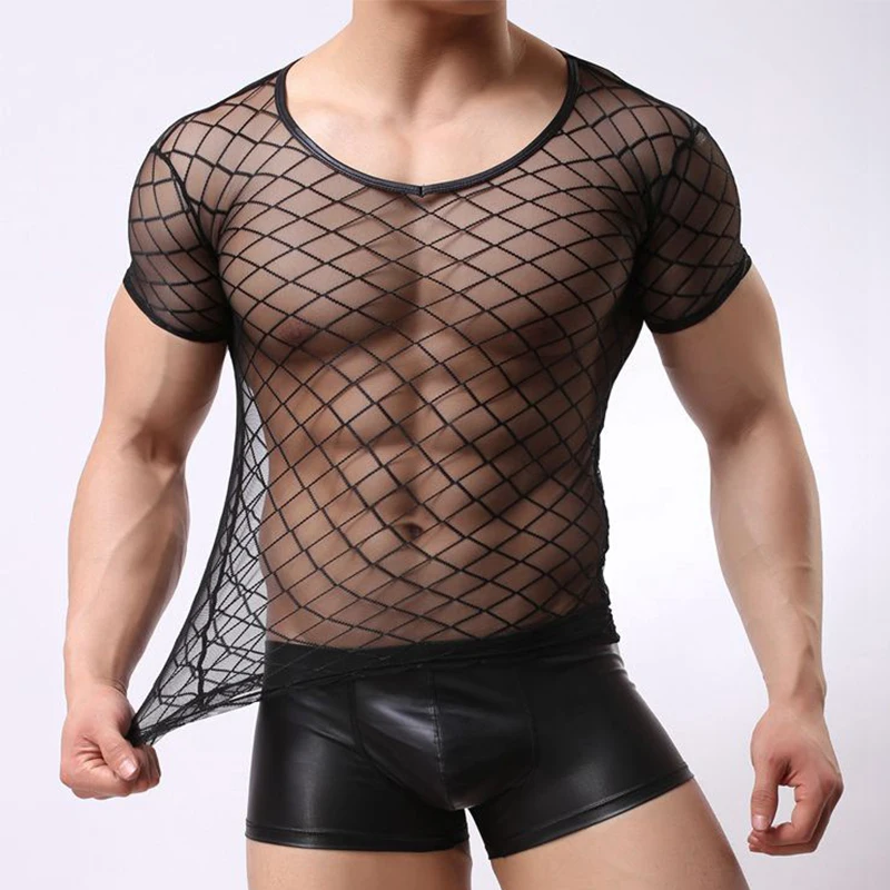 

Men Undershirts Sexy Mesh Transparent Tops Erotic Fishnet Shirts Black Underwear Short Sleeve Gay T Shirts Bottoming Camiseta XL