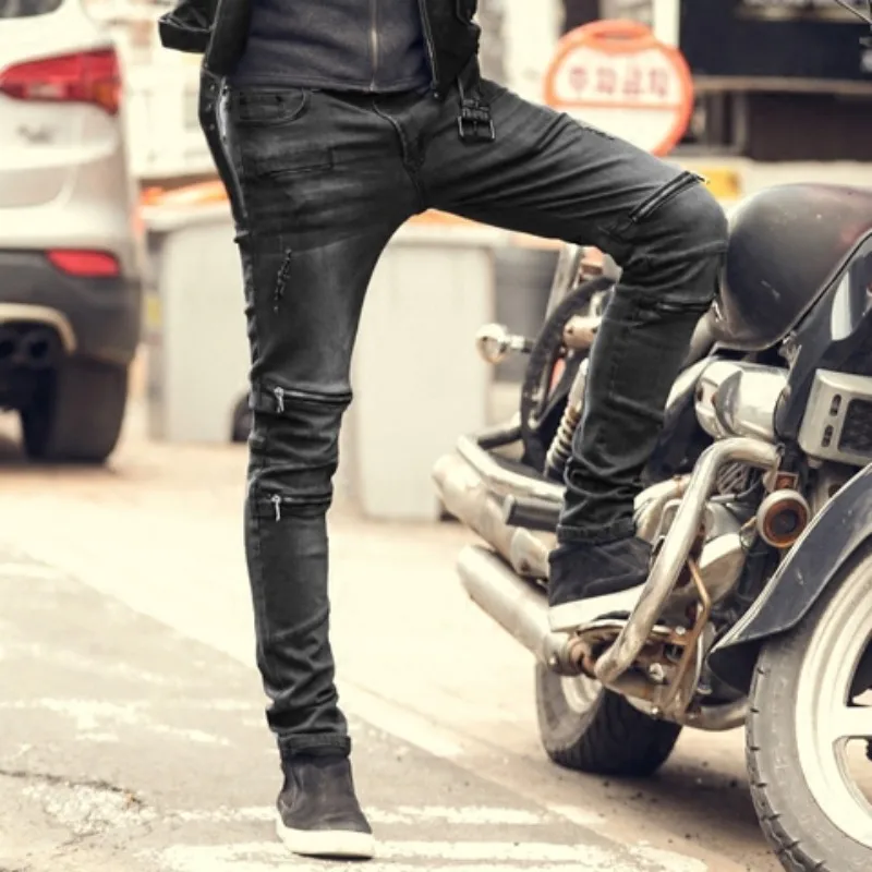 

2021 Spring New Vintage Zipper Men Slim Stretch Jeans High Street Pockets Casual Pencil Pants Fashion Biker Denim Trousers