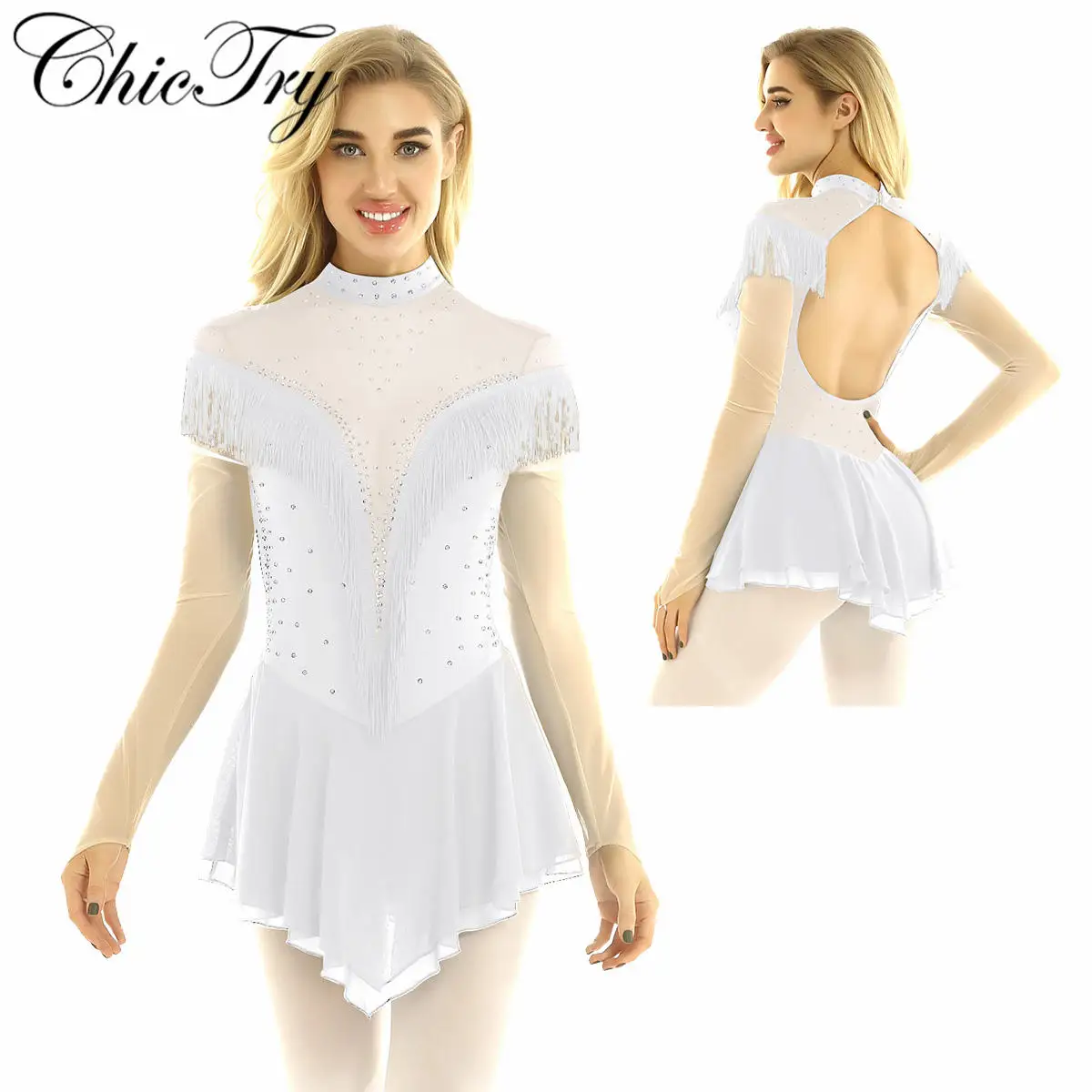 

Элегантные женские классические блестящие стразы с длинным рукавом и открытой спиной для взрослых с кисточками для фигурок катания на конь...