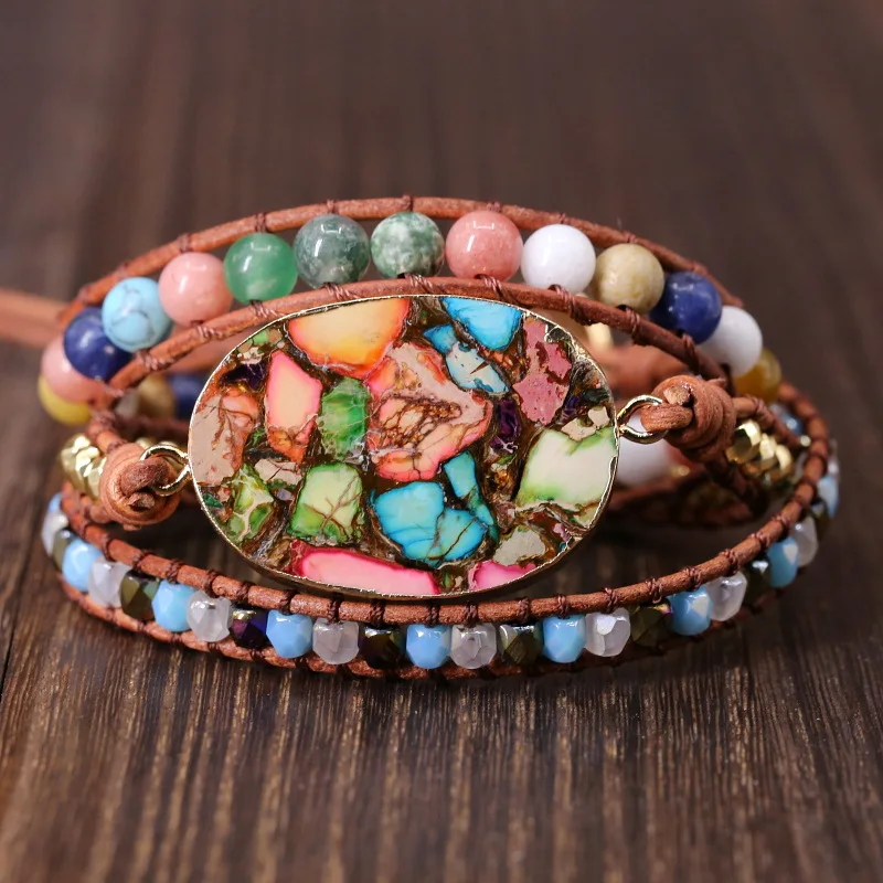 

2021New Colorful Pine Stone Hand Woven Five Layer Bracelet Bohemian Creative Multi Layer Bracelet Bracelets for Women