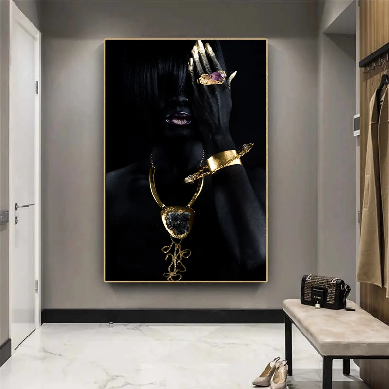 

African Art Black Woman with Gold Decorations Modern Pictures for Wall Printed Canvas Portrait Painting Posters Prints no Frame