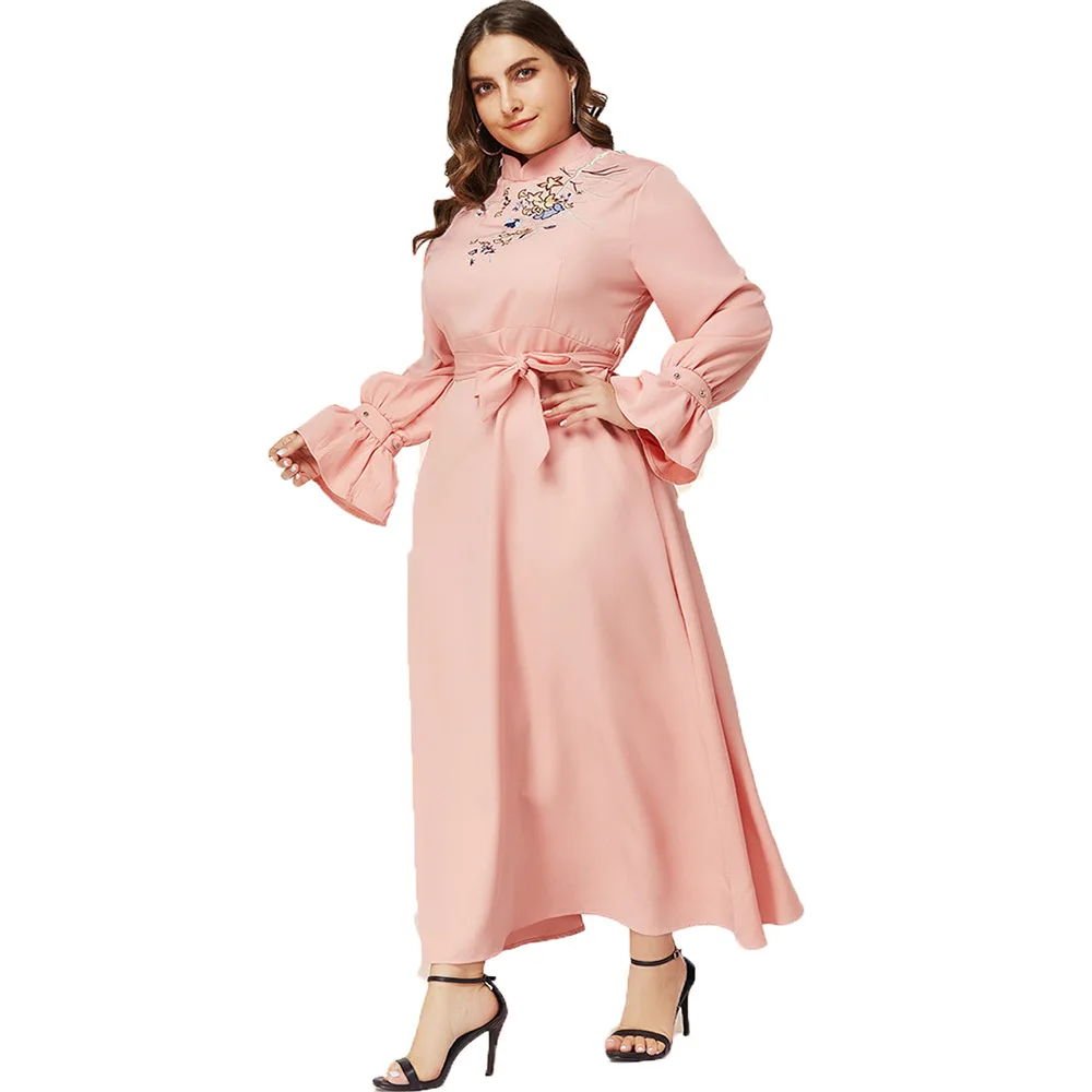 

Muslim Women Long Dress Lacing Print Floral Arabian Loose Embroidered Lotus Leaf Sleeves Mid East Dubai Robe Silam Ramadan Eid