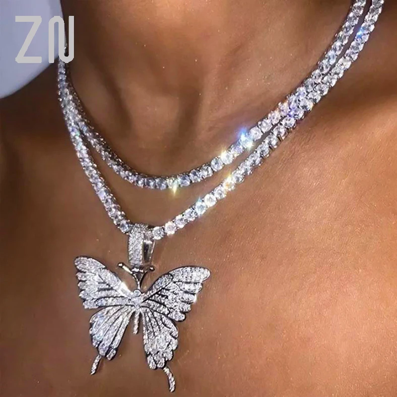 

ZN Statment Big Butterfly Pendant Necklace For Women Rhinestone Clavicle Chain Bling Tennis Chain Crystal Choker Jewelry