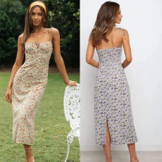 

Dress for women Summer Square Neck Women Backless Tops Sleeveless Belt Suspender Floral Dress Women Floral suspender