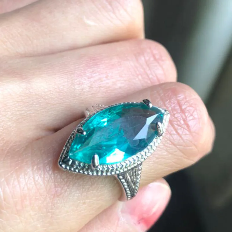 Старинный зеленый камень маркиза большие кольца для женщин Серебряный Цвет