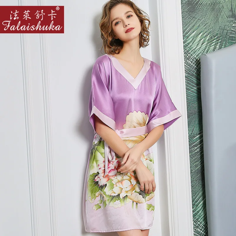 

Plus Plus size dolman sleeved 100% silk women nightgowns Hand painted Lotus flower sleepdress natural silk nightdress S5651