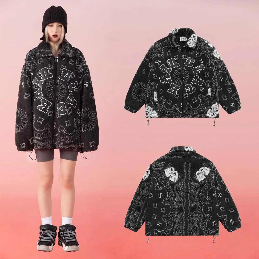 ATSUNNY American Vintage West Coast Cashew Flower Jacket Autumn and Winter Lamb Cashmere Thicken Couple Cotton Clothe Men Parkas