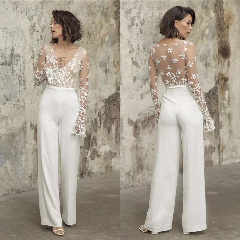 

Flare Long Sleeve Jumpsuit Wedding Dresses 2021 Lace Appliques V-Neck Bridal Gown With Pants Sexy Illusion Tulle Custom Made