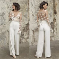 flare long sleeve jumpsuit wedding dresses 2021 lace appliques v neck bridal gown with pants sexy illusion tulle custom made