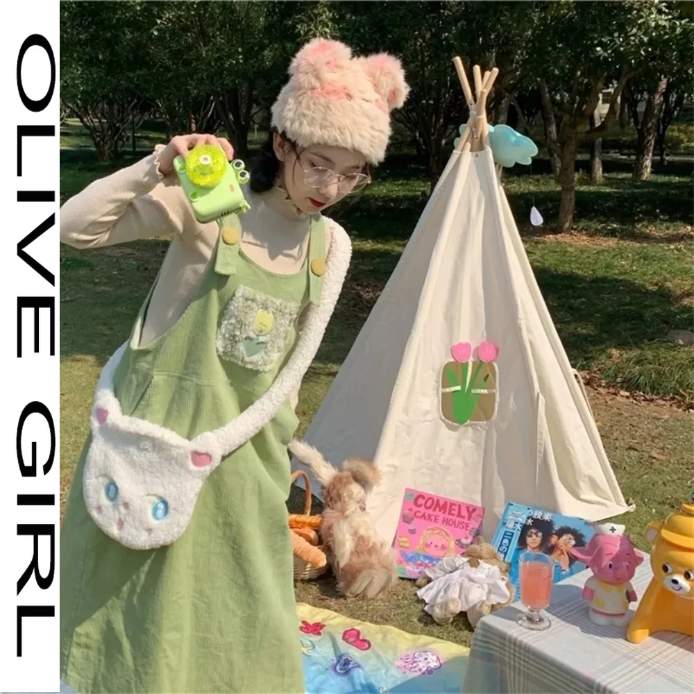 

Plus Size Harajuku Corduroy Embroidery Strap Dress Korean Style Loose Green Casual Wear Spring Autumn New Simple Design Clothing