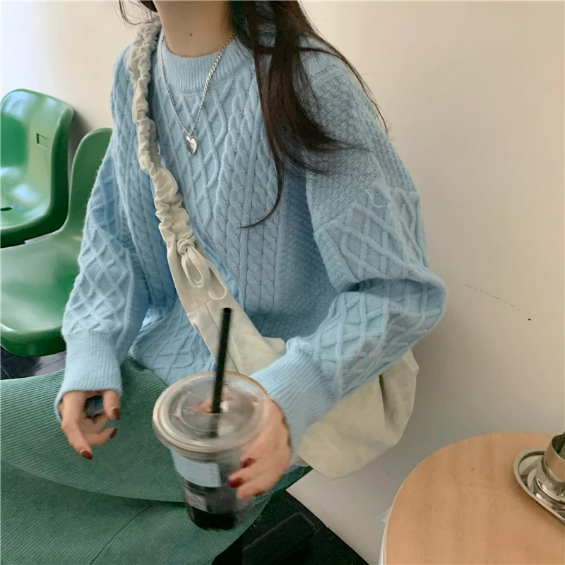

Женский пуловер свободного покроя, Голубой пуловер, модный вязаный Топ на осень и зиму