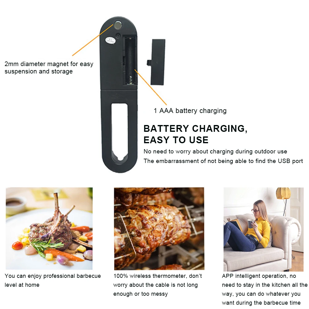 

Wireless Meat Thermometer for Oven Rechargeable Smart Probe Thermometer Grill BBQ Bluetooth Connect Kitchen BBQ Tool Accessories