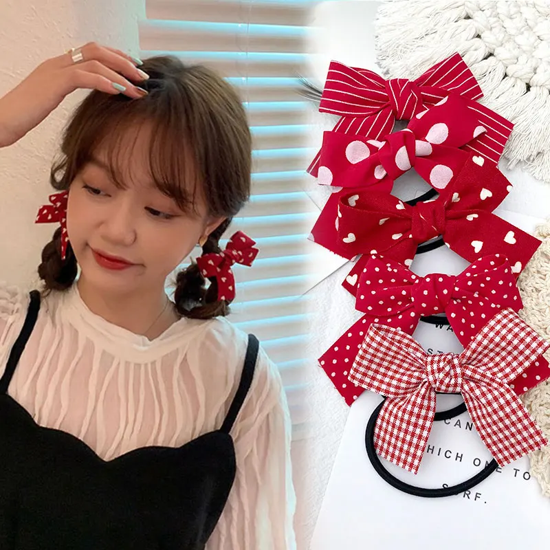 Cute Small Red Bow Elastic Hair Bands Dot Striped plaid Rubber Bands Ponytail Holder for Girls Hair Ties Gum Hair Accessories