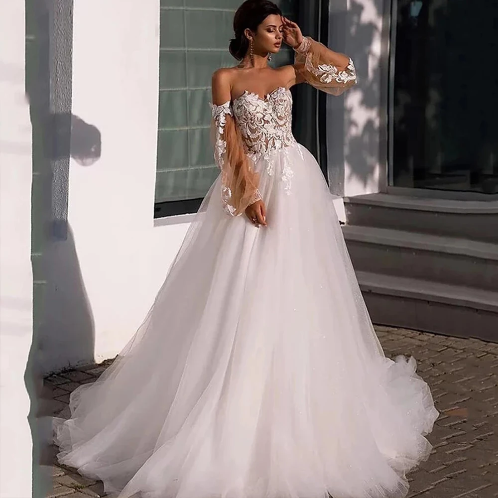 

Puff Sleeves Wedding Dress Sweetheart A Line Simple Bridal Gowns Elegant Plus Size Bride Dresses