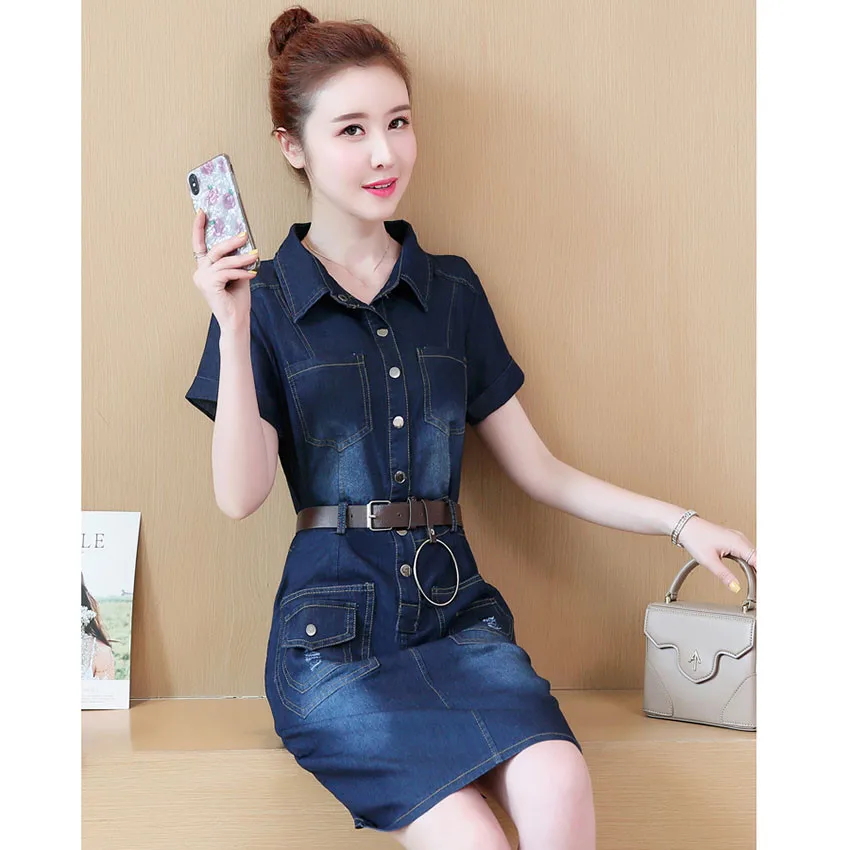 S-5XL летнее платье размера плюс джинсовое для женщин короткий рукав заклепки пояс