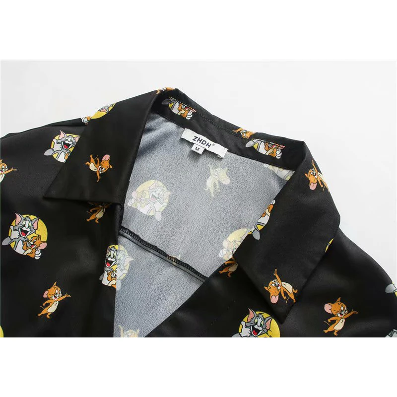 Women shirt za 2020 carton mouse and cat print V neck blouse vintage long sleeve bow blusa feminina casual plus size womens tops | Женская