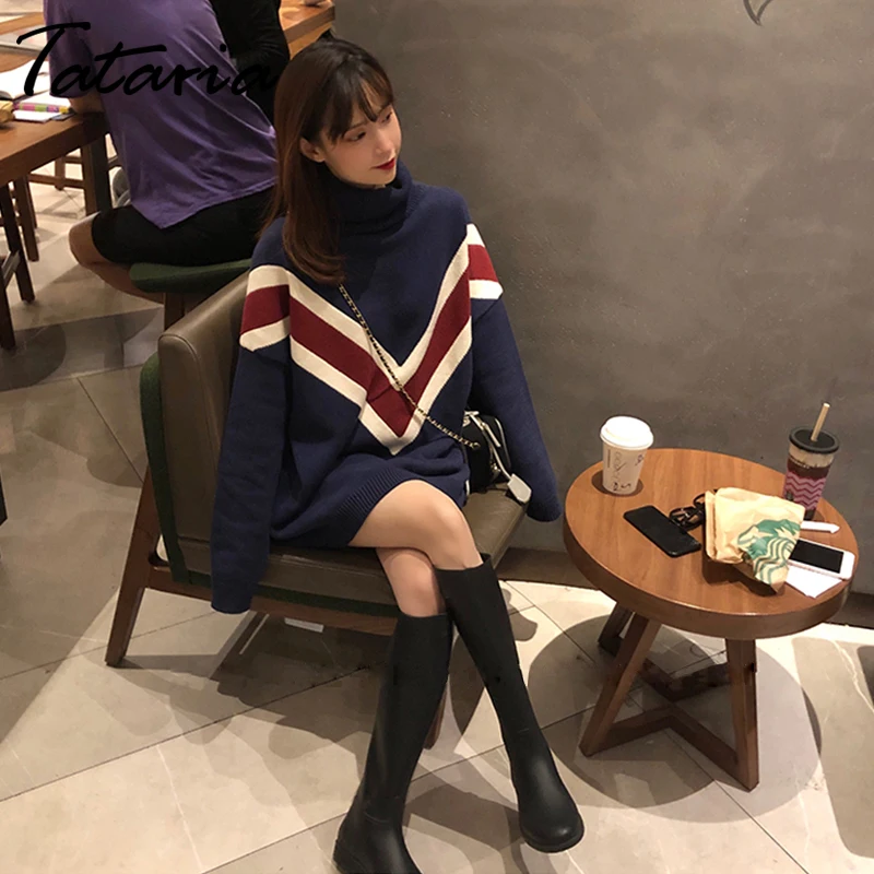 Женский Зимний вязаный свитер Tataria пуловер с высоким воротником свободный