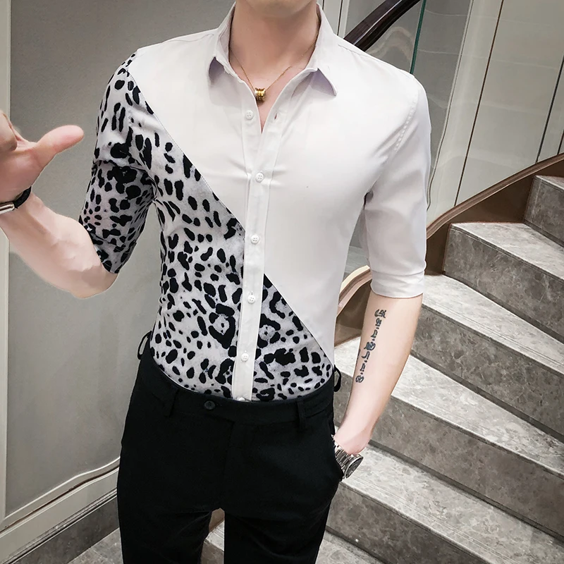 

2020 Leopard Summer Print Men Shirt Luxury Patchwork Shirt Men Social Men Dress Shirts Casual Blusa Nightclub Tops Camisa