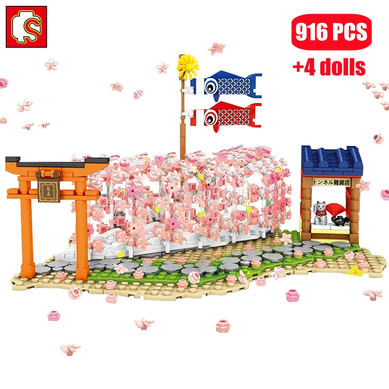

SEMBO City Street View Japanese Cherry Blossoms Tunnel Model Building Blocks Creativity Sakura Tree House Bricks Toys For Kids