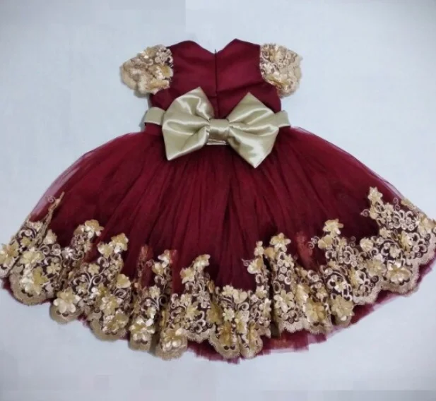 Бордовые Платья на день рождения для маленьких девочек с золотым кружевным