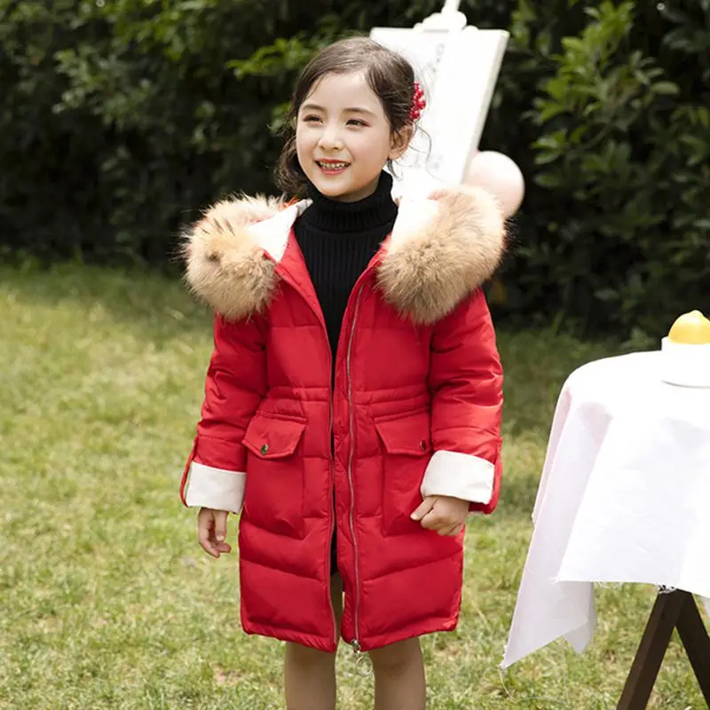 Детское пальто на утином пуху длинное теплое с воротником из натурального меха