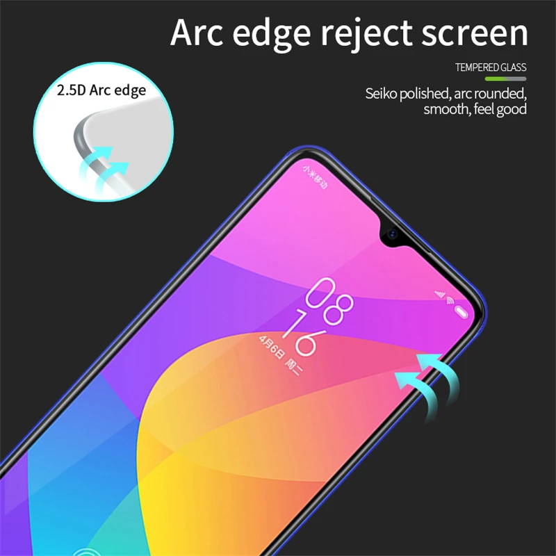 2 piezas de vidrio templado para Xiaomi Mi 9 Lite vidrio completo pegamento 9H Protector de pantalla para Xiaomi 9 Lite vidrio de tel&eacute;fono para Xiaomi Mi 9 Lite-2