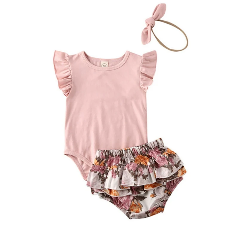 

Explosion Models Infant Girls Baby Summer Sleeveless Rompers Full Printed Flower Shorts Hair Band Three-piece Suit New Hot