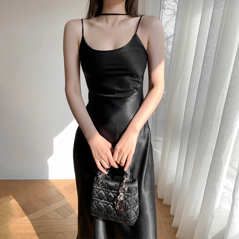 

Роскошное блестящее женское платье, атласное черное элегантное Клубное платье без рукавов на бретелях-спагетти, лето 2021