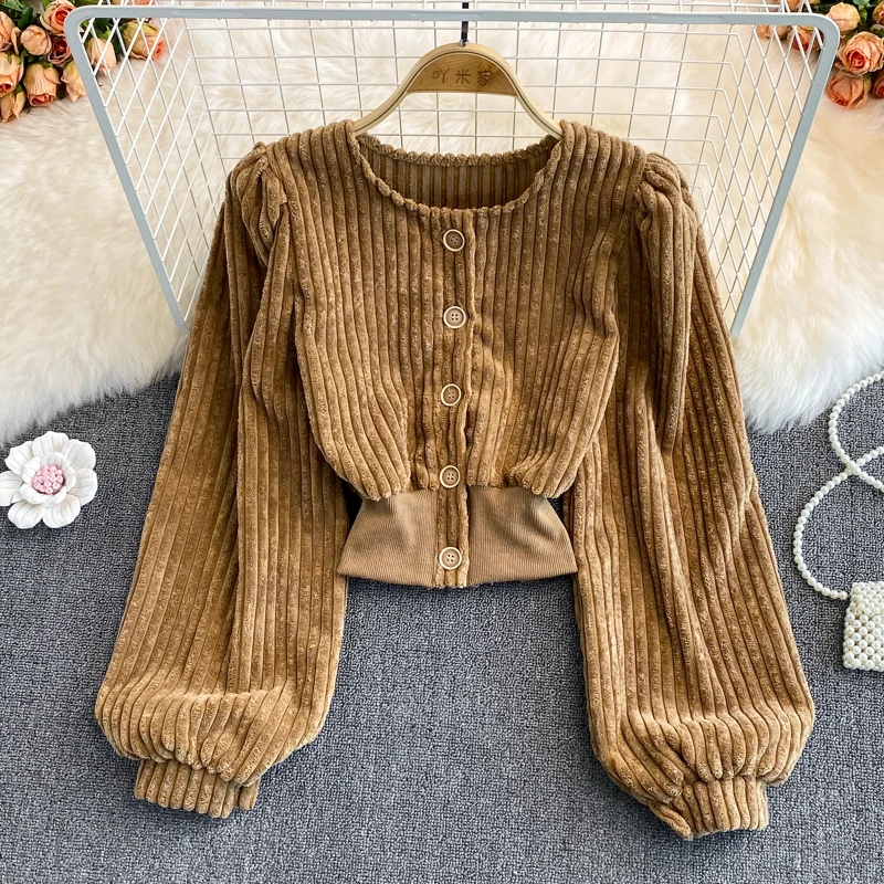 

Vintage Women Corduroy Blouse Autumn Winter Blue/Rose Red O-Neck Single Breasted Short Tops Female Elegant Shirt New Fashion