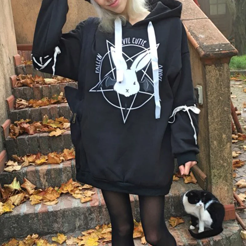 

Gothic Hoodies Women Black Goth Bunny Pentacle Print Oversized Lace-up Sleeve Y2K Alt e-girl Aesthetic emo Outfit