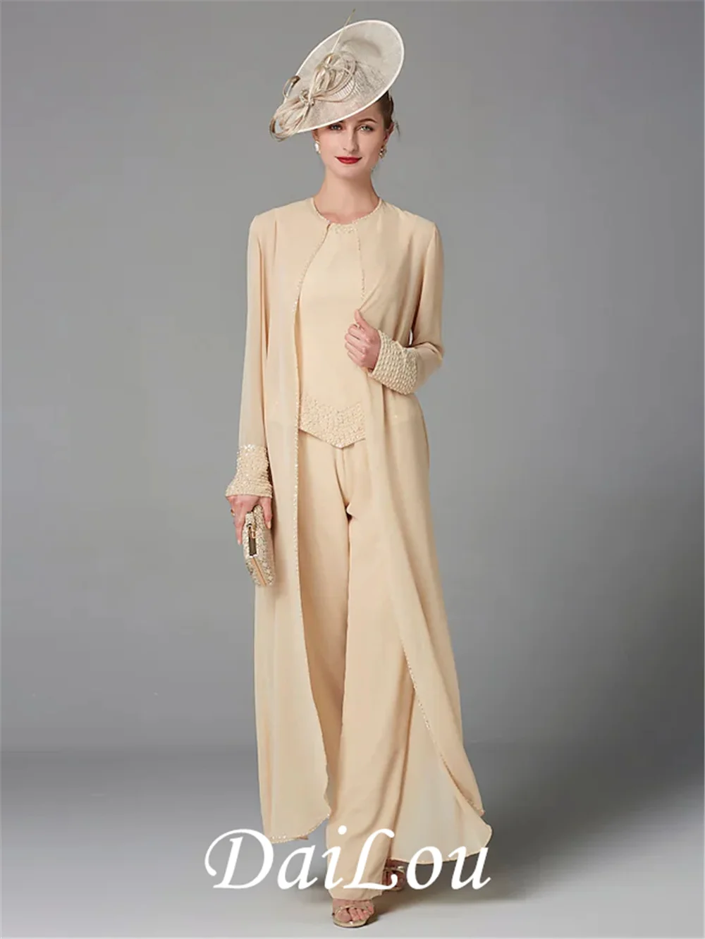 

Pantsuit/Jumpsuit Mother of the Bride Dress Plus Size Elegant Bateau Neck Floor Length Chiffon with Beading Appliques 2021