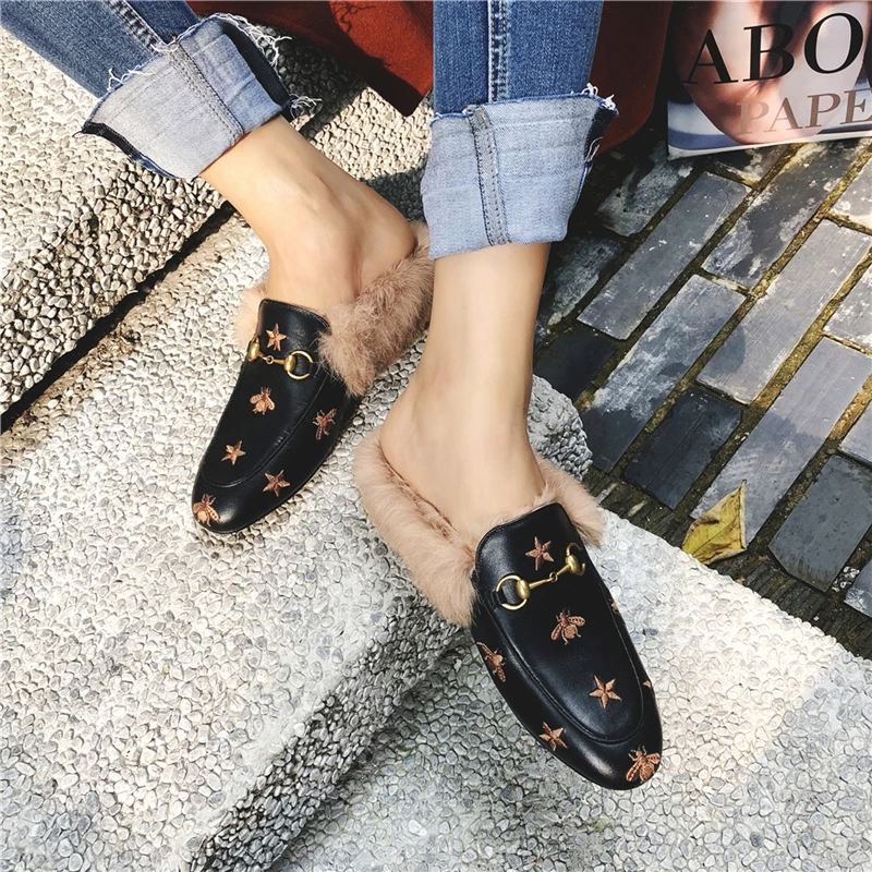 

VERCONAS Fashion Casual Mules Women Sandals Embroider Genuine Leather Rabbit Hair Slippers Height Increasing Shoes Woman Spring