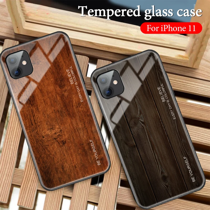 

Luxury Tempered Glass Case For iPhone 11 Pro Max XS XR X 7 8 8Plus 6 6S Plus Wood Grain Cover Shockproof Coque Fundas